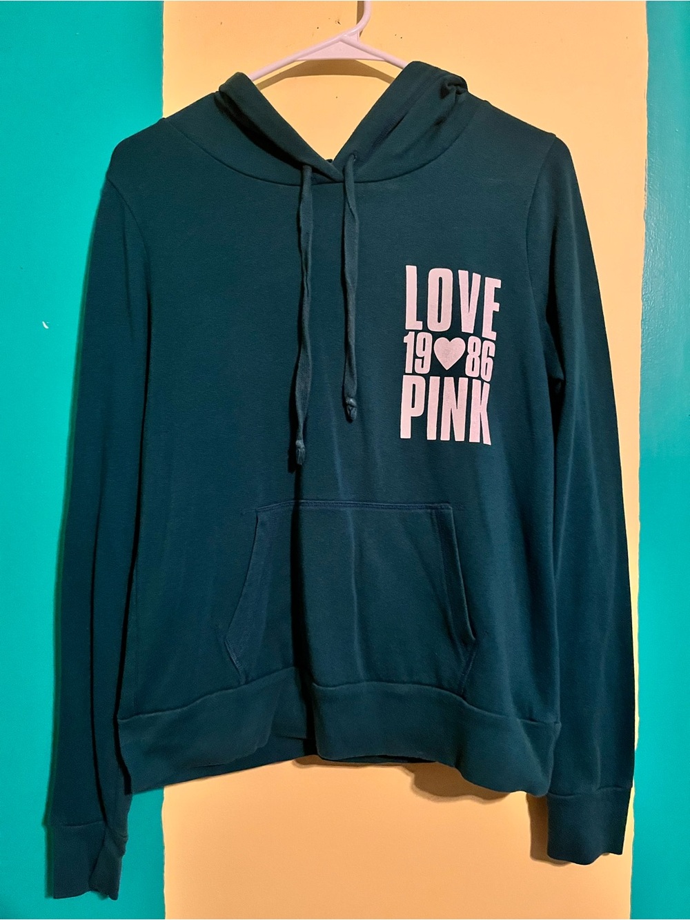 PINK Victoria's Secret Teal Green Hooded Sweatshirt with LOVE 1986 Graphic